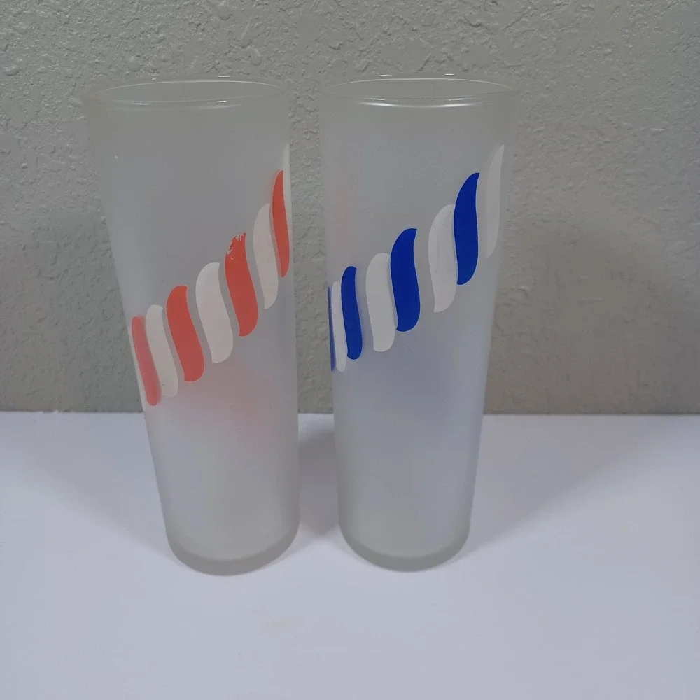 2‎ Libbey Frosted Tom Collins Glasses Blue Red Candy Stripes 12 OZS